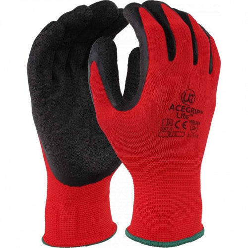 Ace Grip Lite Latex Coated Grip Gripper Work Gloves Lightweight Red Black