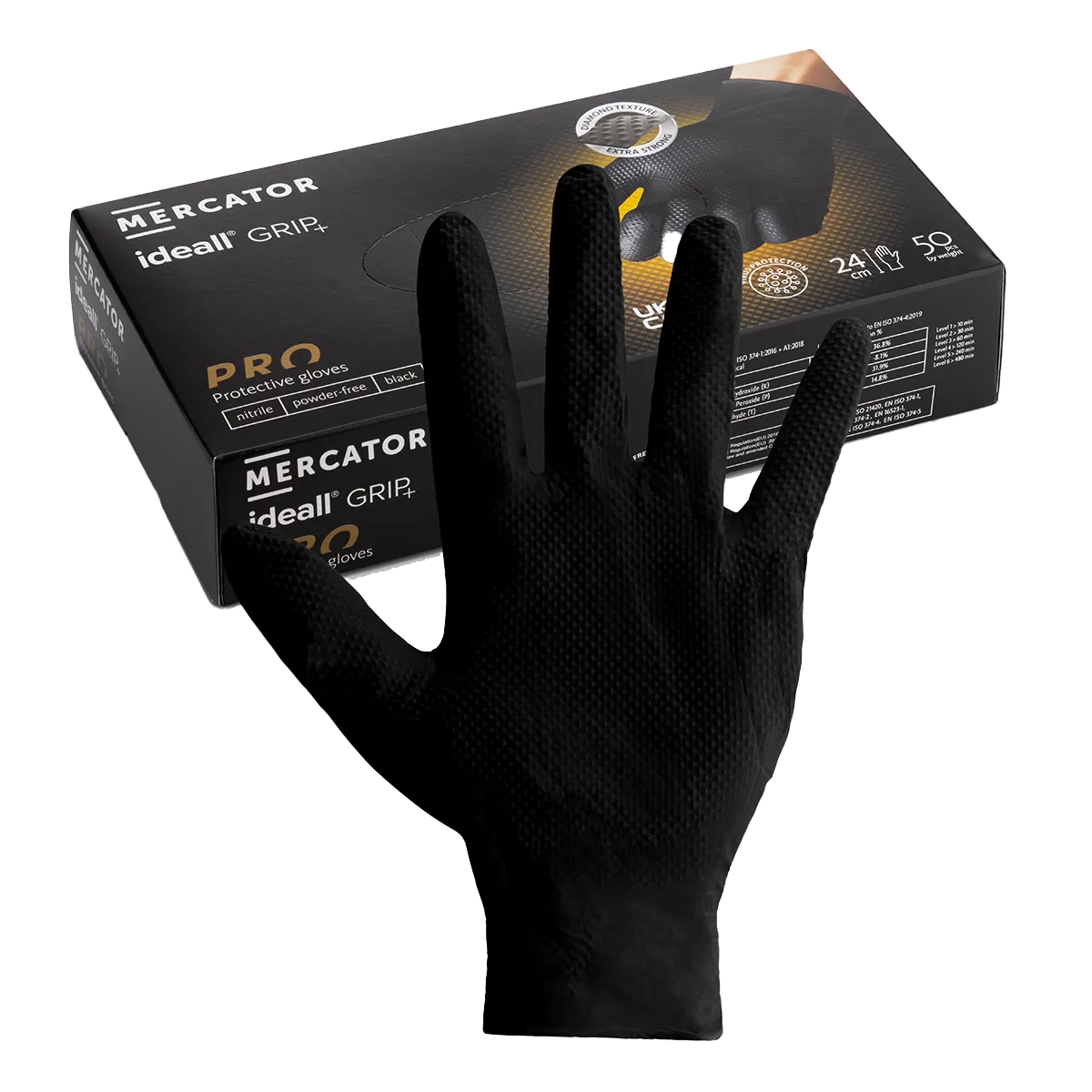 Mercator Black Ideall® Grip 50 pcs Nitrile Gloves Main Image [src:black1.jpg@20260928132300]