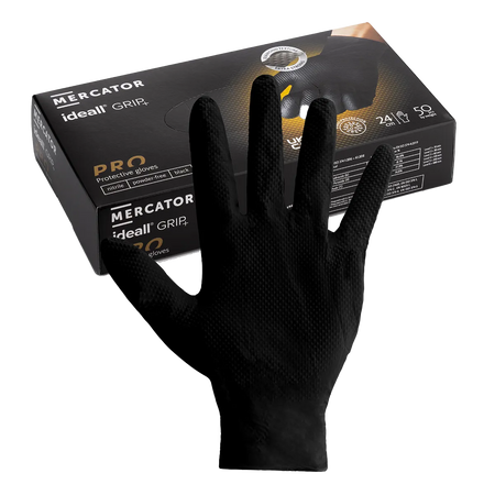 Mercator Black Ideall® Grip 50 pcs Nitrile Gloves Main Image [src:black1.jpg@20260928132300]