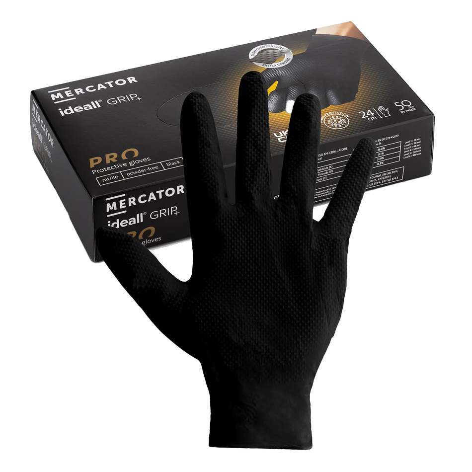Mercator Black Ideall® Grip 50 pcs Nitrile Gloves Main Image [src:black1.jpg@20260928132300]