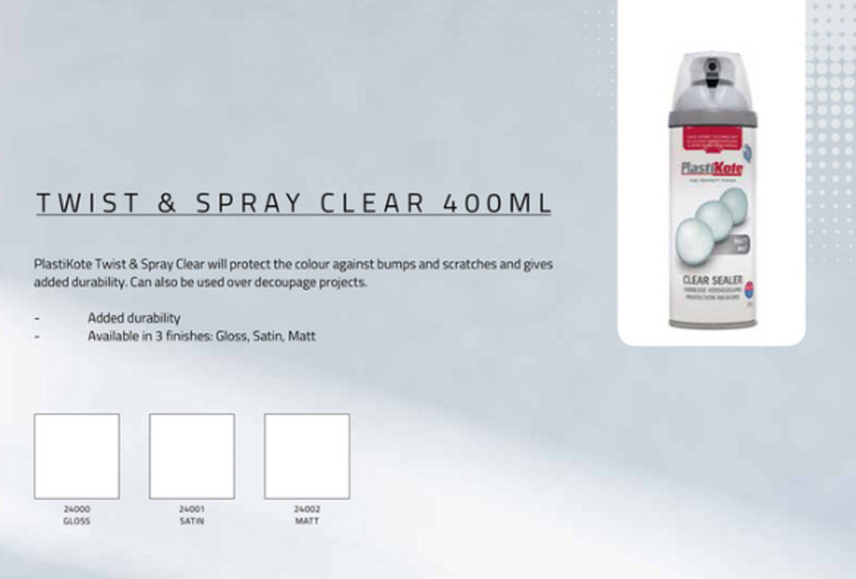 PlastiKote Twist & Spray Paint 400ml - Satin Clear Acrylic Sealer [src:colorclear.jpg@20260112092043]