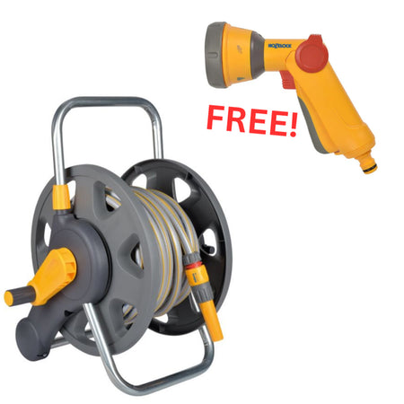 Hozelock 2-in-1 Hose Reel With 25m Hose & FREE Multi Spray Gun 2431 Main Image