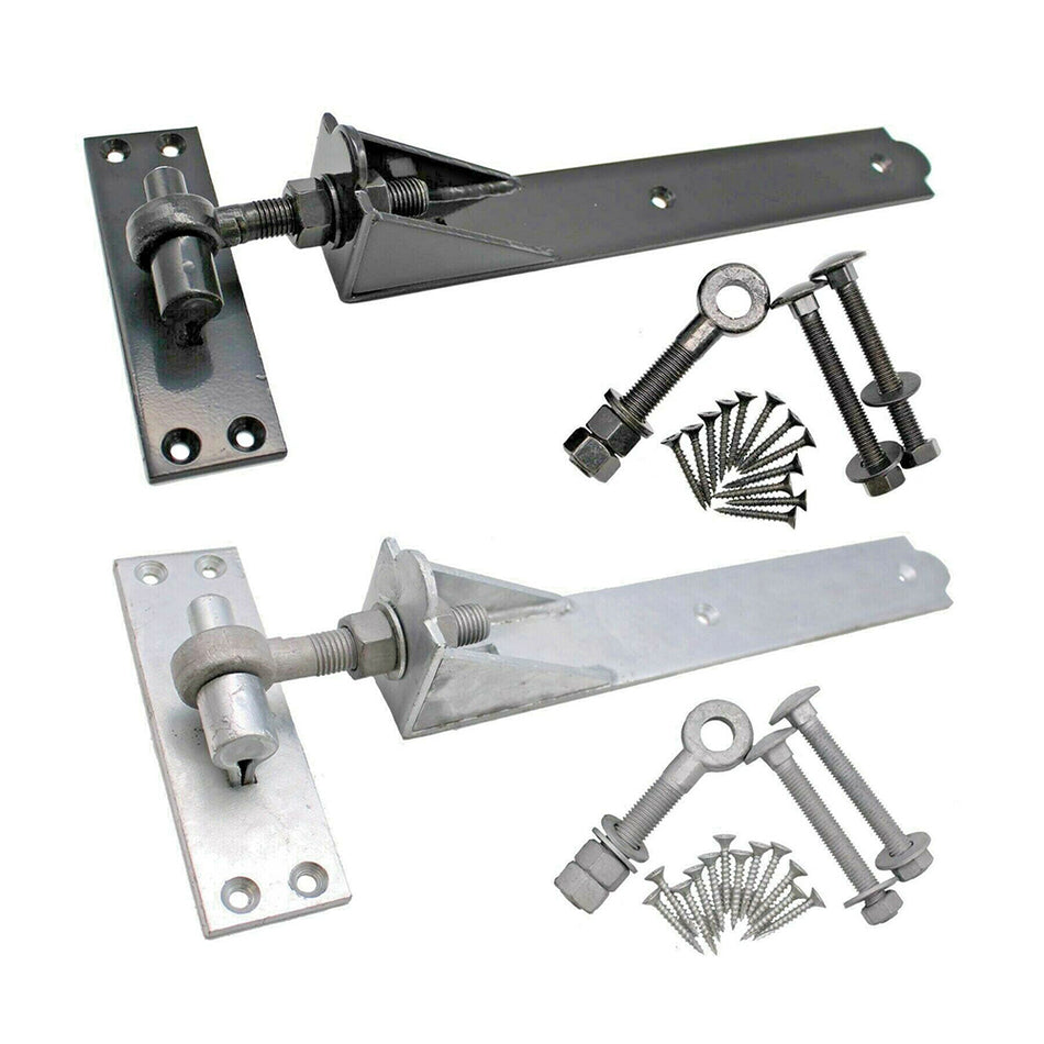 Pair of Heavy Duty Adjustable Hook and Band Gate Door Hinges Black Galv & Fixings