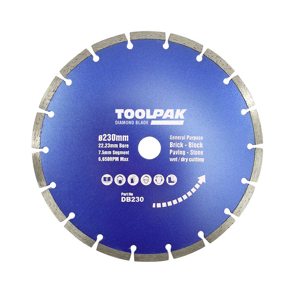 ToolPak 230mm x 22.23mm Diamond Blade 7.2mm Segment DB230 Cutting Disc