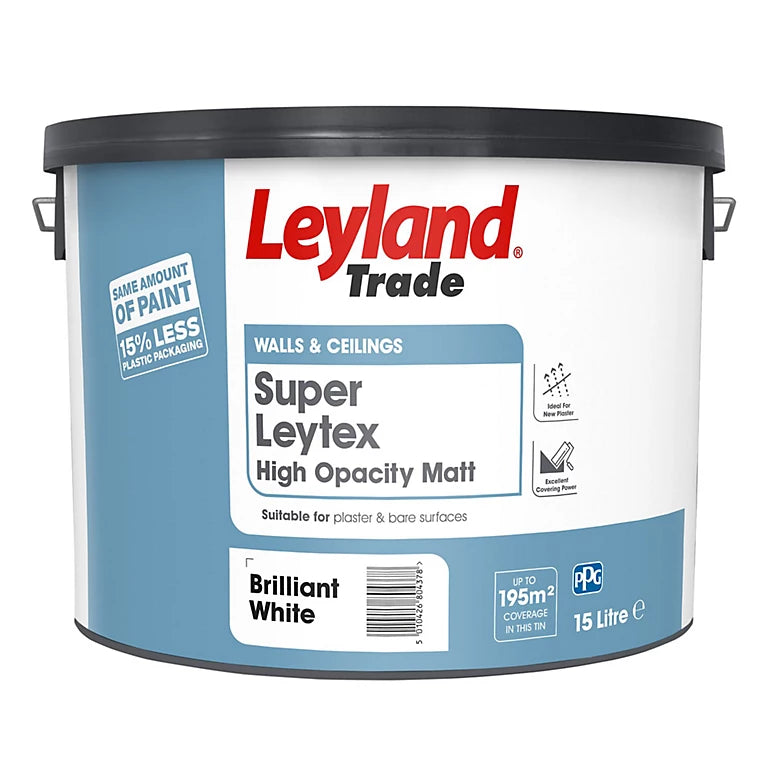 Leyland Trade Super Leytex Matt Emulsion paint 15 Litres White & Magnolia